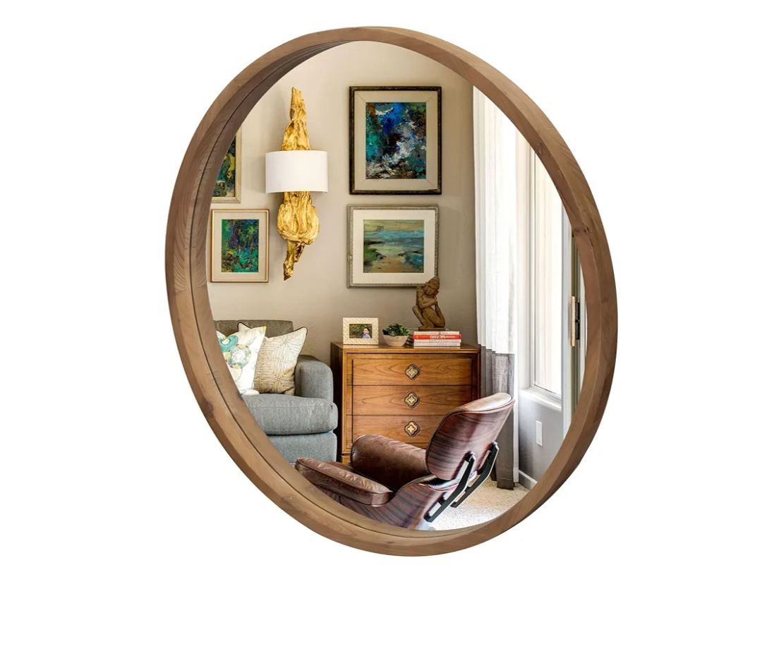 36" Bathroom Mirror, Round Wall Mirror with Wood Frame, Farmhouse Mirror for Wall Decor, Wall-Mounted Mirror for Bedroom, Living Room, Brown