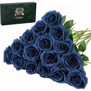 Waipfaru 16 Pcs Blue Roses Artificial Flowers, Long Stem Fake Roses, Silk Faux Flowers for Valentines Wedding Bouquet Vase Centerpiece Home Decor (Navy Blue)