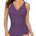 Women's One Piece Swimsuits Ruched Slimming Bathing Suits for Women V Neck Criss Cross Ruched Push Up Slimming Swimwear (Large)