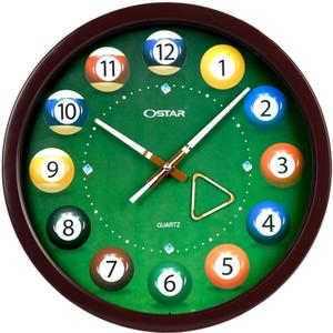 OSTAR Big Large Billiard Pool Ball Wall Clock, Battery Operated, Cue Hand, Non Ticking Quality Quartz, 14" Snooker Game