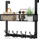 Consumest Over The Door Hooks Organizer - Over Door Hanger with 16 Hooks & 2 Baskets for Hanging Coat, Clothing, Towel, Back Storage for Bathroom, Closet, College Dorm, Black