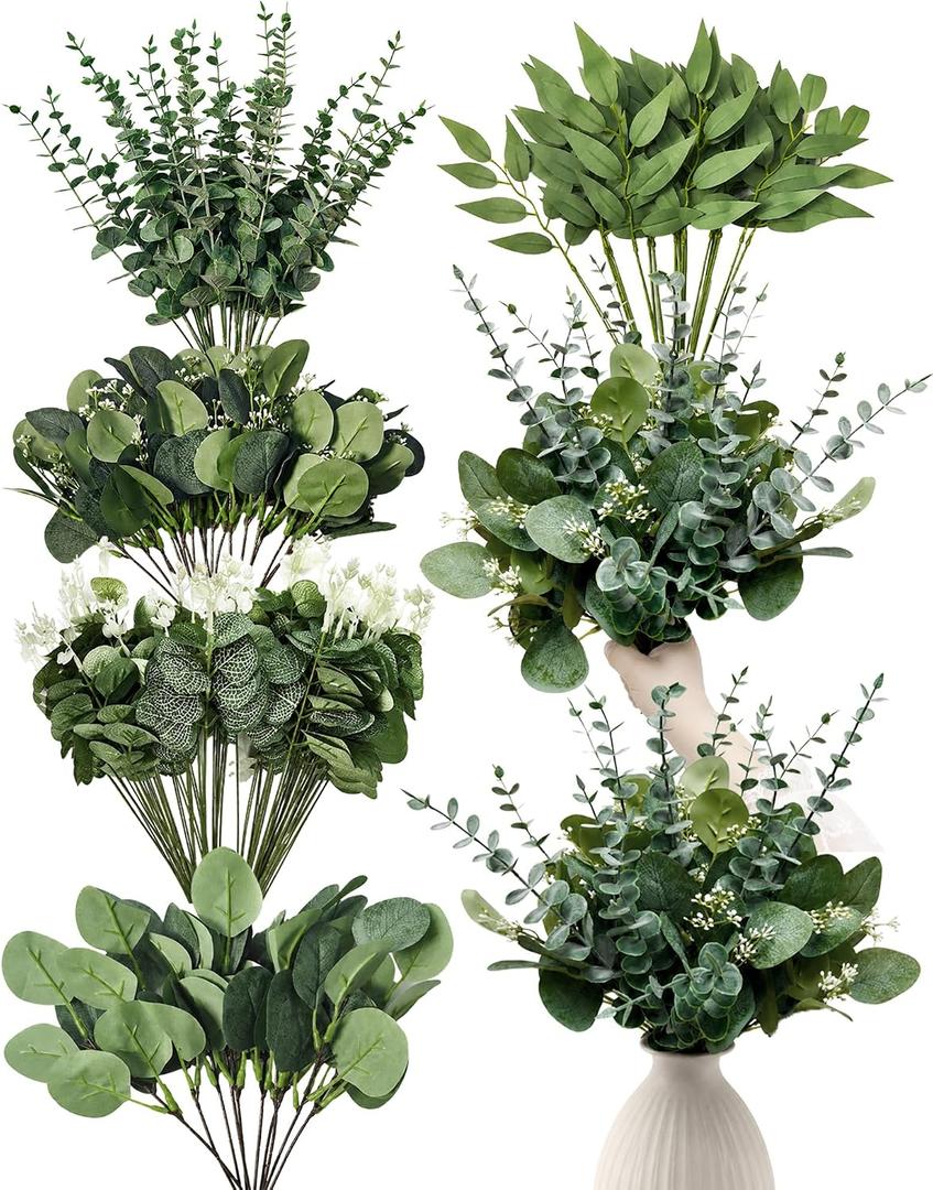 CulaLuva 130 Pcs Bulk Mixed Faux Greenery Stems | 5 Types Artificial Eucalyptus Branches, for Flower Arrangements/ Wedding Bouquets/ Vase Centerpieces and Home Decor