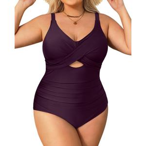 Daci Plus Size One Piece Swimsuits - Tummy Control Bathing Suit for Women Cutout Swimwear (Dark Purple), 14 Plus