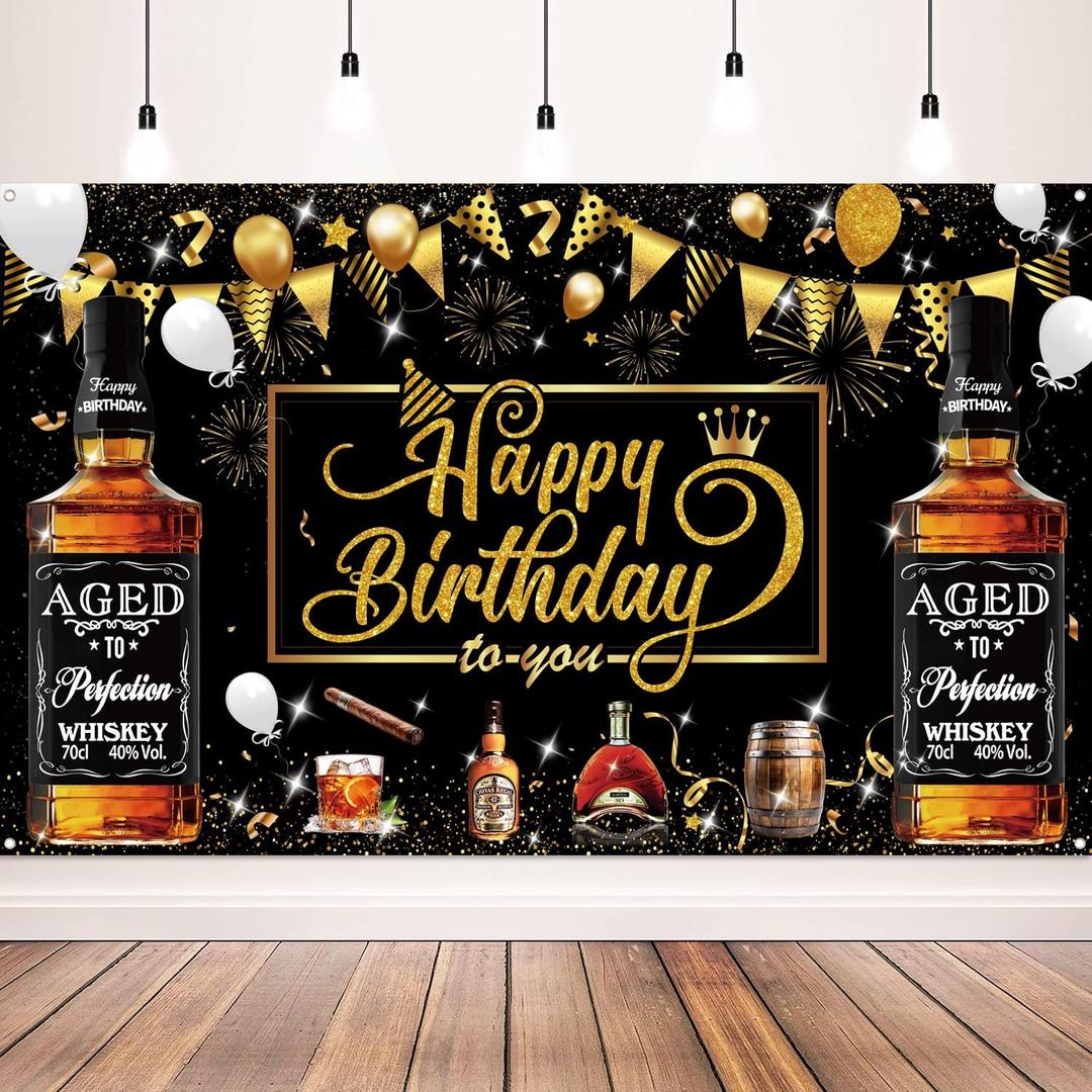 Whiskey Birthday Party Decorations, Aged to Perfection Banner Backdrop, Black and Gold Happy Birthday Banner for Men, Party Supplies