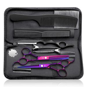PURPLEBIRD Hair Cutting Scissors Kit, Professional Barber Scissors Hairdressing Shears Set with Stainless Steel Hair Scissor Thinning Scissor for Men Women Pet 10 Pcs Purple