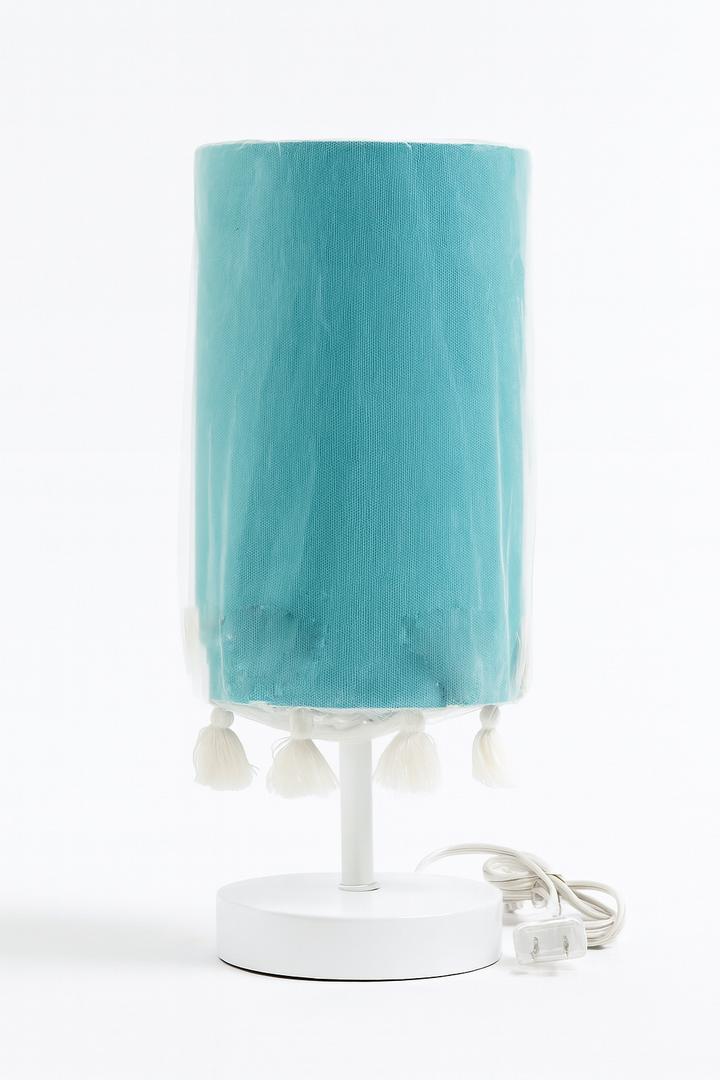 13.75 Inches Accent Lamp White Steel Finish Teal Fabric Shade with Tassels