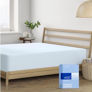 THREAD SPREAD 100% Cotton Fitted Sheet Twin Size - 400 Thread Count Egyptian 16" Deep Pocket Twin Fitted Sheet Only, Soft Cooling Sateen Weave Bottom Sheet, College Dorm Mattress, Teens - Light Blue