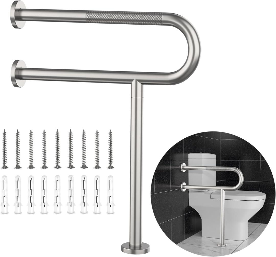 Toilet Grab Bar 23.4 Inch, YuanDe Wall to Floor Brushed Nickel Bathroom Safety Bar w/Anti-Slip Knurled Grip, Stainless Steel Handicap Grab Bar with Leg,Support Bar for Disabled Elderly Pregnant