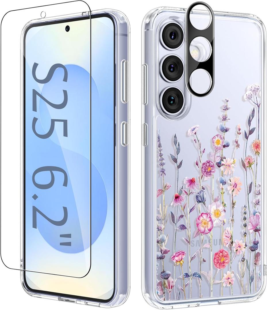 GVIEWIN for Samsung Galaxy S25 Case, Clear Floral Slim Shockproof Protective Women Phone Case, Non-Yellowing, with Screen Protector & Camera Lens Protector for Galaxy S25 6.2", Floratopia/Colorful
