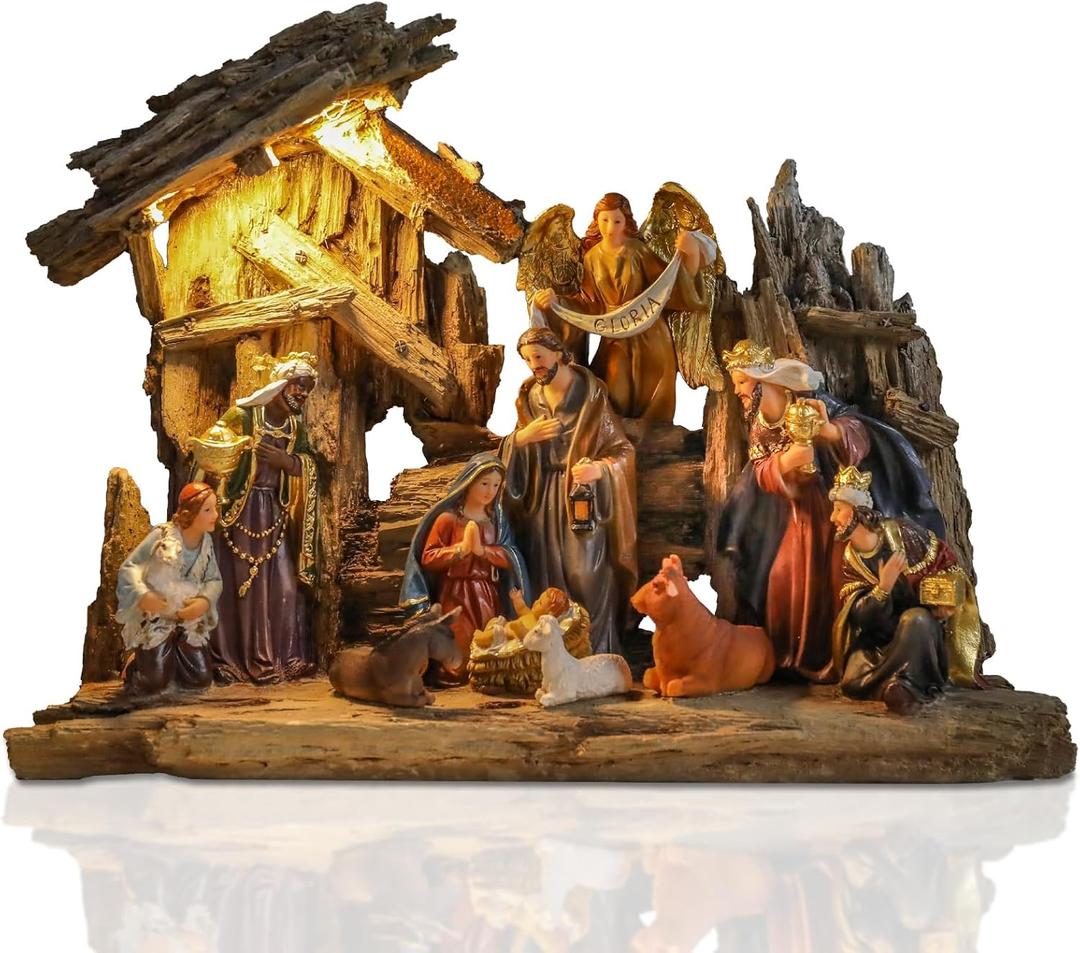 Bshine Nativity Scene Christmas Decoration with LED Lights, Wooden Stable Decor 13.6x11.4 Christmas Indoor Nativity Sets & Figures Holy Family Angel Holiday Home Tabletop Display