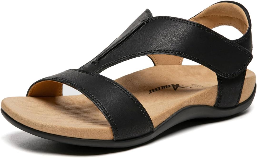 Athlefit Black Orthopedic Sandals for Women Comfortable Orthotic Arch Support Sandals for Summer Beach Size 9.5