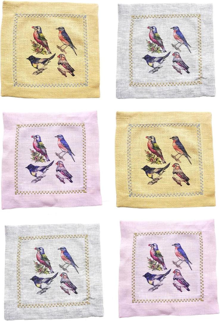Cocktail Napkins Set of 6, 6x6 inch, 100% Linen, Printed Animal Pattern, Reusable & Washable Cloth Coasters for Beverages, Hosting, Gifting & Everyday Use (Four Birds - Colorful)