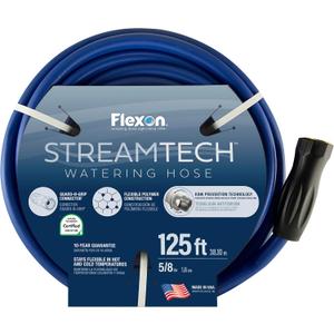 Flexon StreamTech 5/8" x 125 ft Heavy Duty Garden Hose  Flexible Polymer Construction, Kink Prevention, Guard-N-Grip Connector, Leak-Proof, Blue