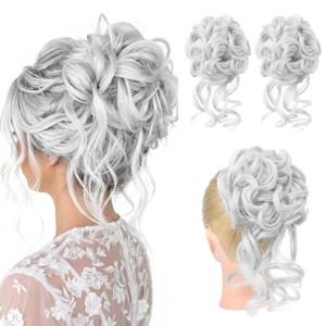 HOOJIH Messy Bun Hair Piece,2PCS Tousled Updo with Tendrils Hair Bun Extensions Wavy Curly Ponytail Hairpieces for Women - Silver Gray