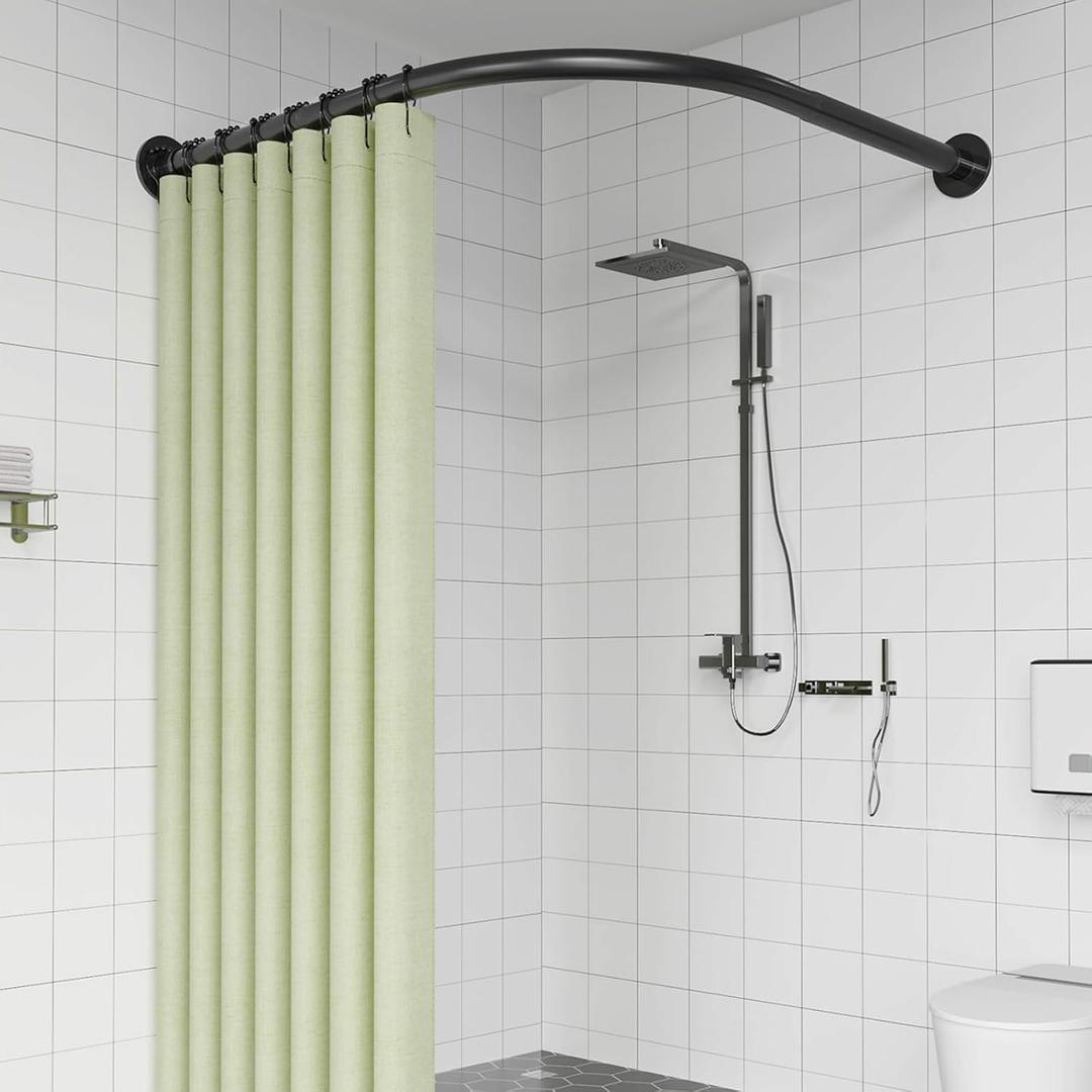 Adjustable Corner Shower Curtain Rod, Stretchable Stainless Steel L Shaped Shower Curtain Rail, Curved Bowed Shower Curtain Pole, Drill Or No Drill, For Bathroom(Size:B 70-95cm X 90-130cm,Color:Black)