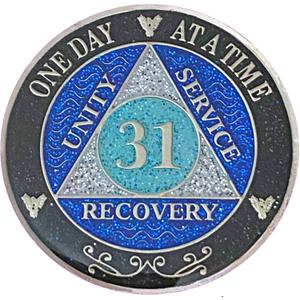 (Years 1-50) 31 Year AA Recovery Silver Color Plated Glitter Medallion, Black Rainbow, Blue, Silver Glitter Coin, Epoxy Covered (AA 31 Year Glitter Medallion) (Years 1-50) 31 Year AA Recovery Silver Color Plated Glitter Medallion, Black Rainbow, Blue, Silver Glitter Coin, Epoxy Covered (AA 31 Year Glitter Medallion)