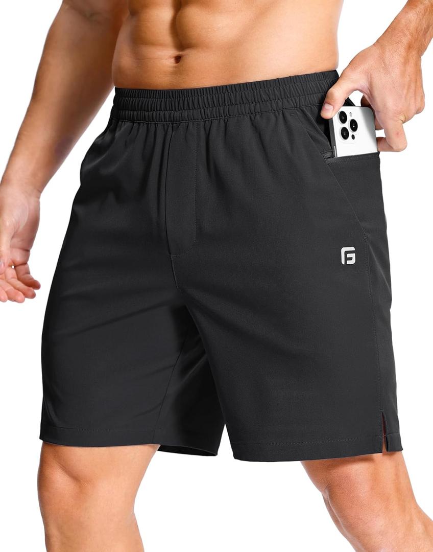 GGJ Men's Lightweight Athletic Shorts with Zipper Pockets 7"/5"/9" Gym Workout Running Quick Dry Tennis Shorts for Men (Large, Black)