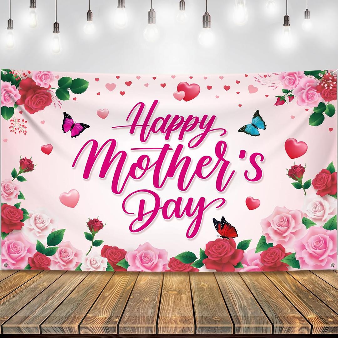KatchOn, Happy Mothers Day Banner - XtraLarge, 72x44 Inch | Happy Mothers Day Decorations for Party | Pink Mothers Day Backdrop for Party Supplies, Happy Mothers Day Sign