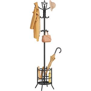 Tajsoon Coat Rack Stand with Umbrella Holder, Coat Tree Freestanding with 16 Hooks, Coat Hangers Stand for Living Room, Bedroom, Office, Black