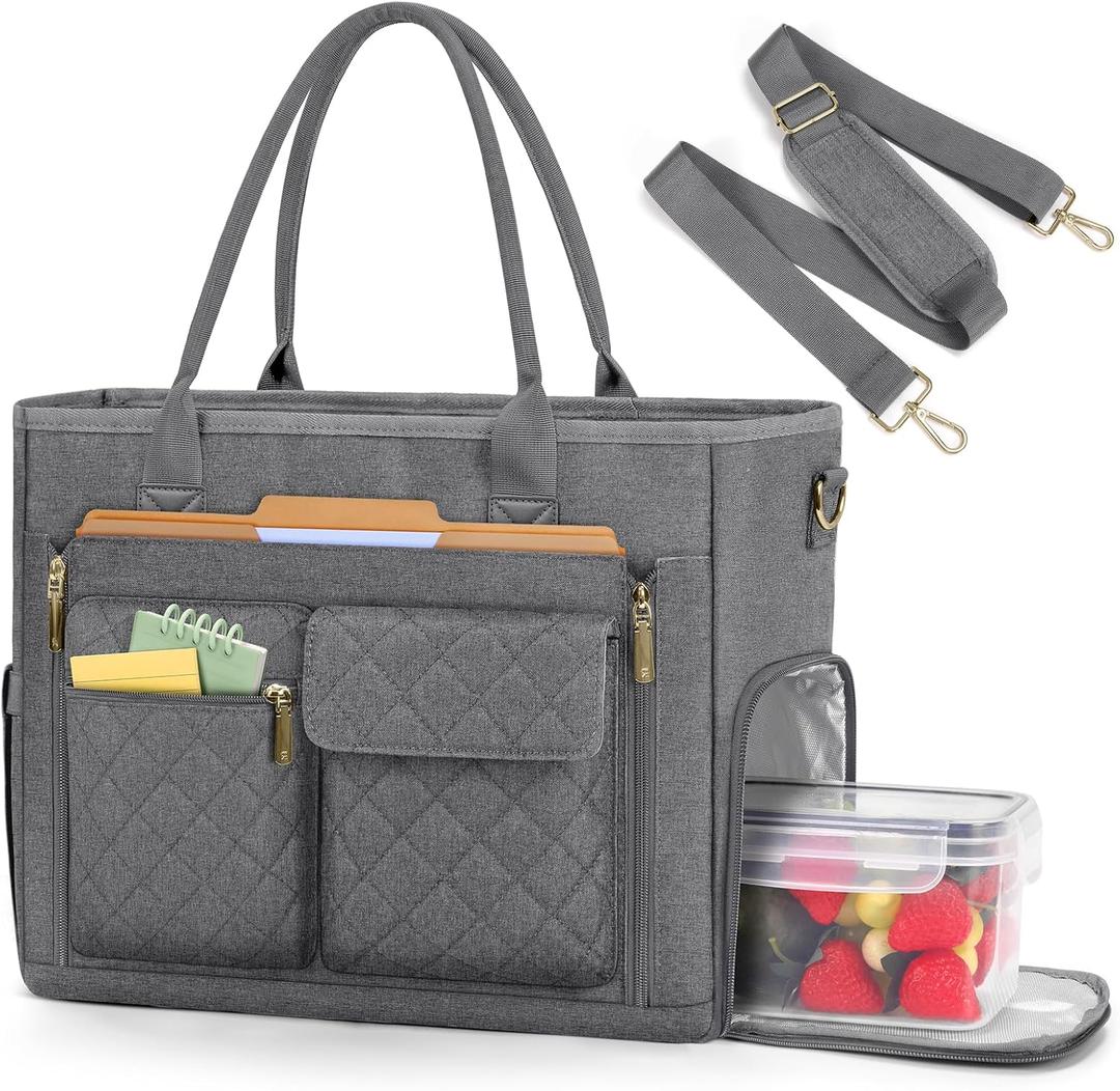 RAINSMORE Teacher Tote Bag with Insulated Lunch Compartment 15.6 inch Laptop Bag for Women Lightweight Work Bags Nurse Bags