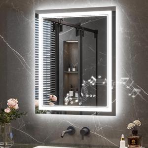 Keonjinn 24" x 30" Lighted Mirrors for Bathroom Wall with Bluetooth Speaker, Frontlit & Backlit LED Bathroom Mirror, Bluetooth Mirror Bathrooms with Dimmable 3-Color Lights, Tempered Glass, Anti-Fog