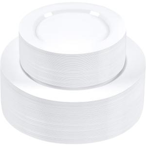 SETUP 100-Piece White Plastic Dinnerware Set – 50 10.25" Dinner & 50 7.5" Salad Plates – Heavy-Duty Disposable for Weddings, Catering, Parties