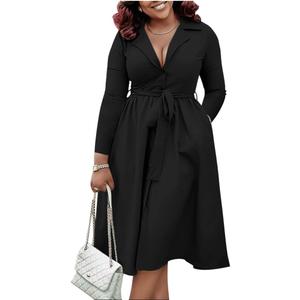 BFFBABY Fall Dresses for Women Plus Size Casual Long Sleeve V Neck A Line Midi Dresses with Belt Pockets