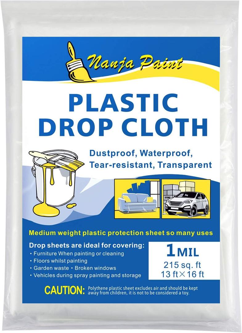 Painters Drop Cloth 13 Feet by 16 Feet Plastic Painting Tarp Waterproof Cover Clear Tarp Plastic Sheeting 1 Mil Thickness Furniture Cover