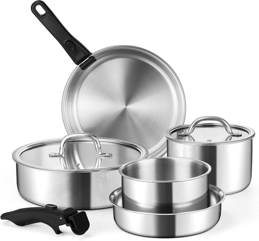 E-far 9pcs Stainless Steel Cookware Set, 3-Ply Pots and Pans Set w/Detachable Handle & Lid, Induction Cookware Kitchen Cooking Set for RV Camping, Nontoxic Whole Clad Frying/Saute/Sauce Pan, Oven Safe