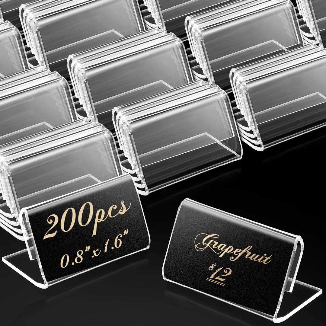 200 Pieces Mini Acrylic Sign Display Holder - Clear Plastic L Shape Price Name Label Stands - Clear Tag Holder for Counter Storage Bins, Retail Shop Store Display (4 x 2 cm)