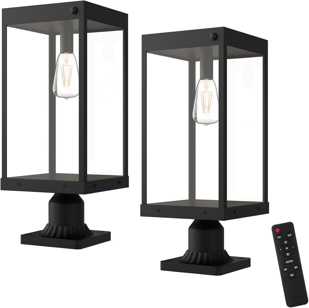 20'' Large Solar Post Lights with Pier Mount Base, Adjustable 3000K/4000K/6000K & Dusk-to-Dawn Sensor, Remote Control, Waterproof Aluminum Pillar Lighting for Patio/Garden/Yard, 2-Pack