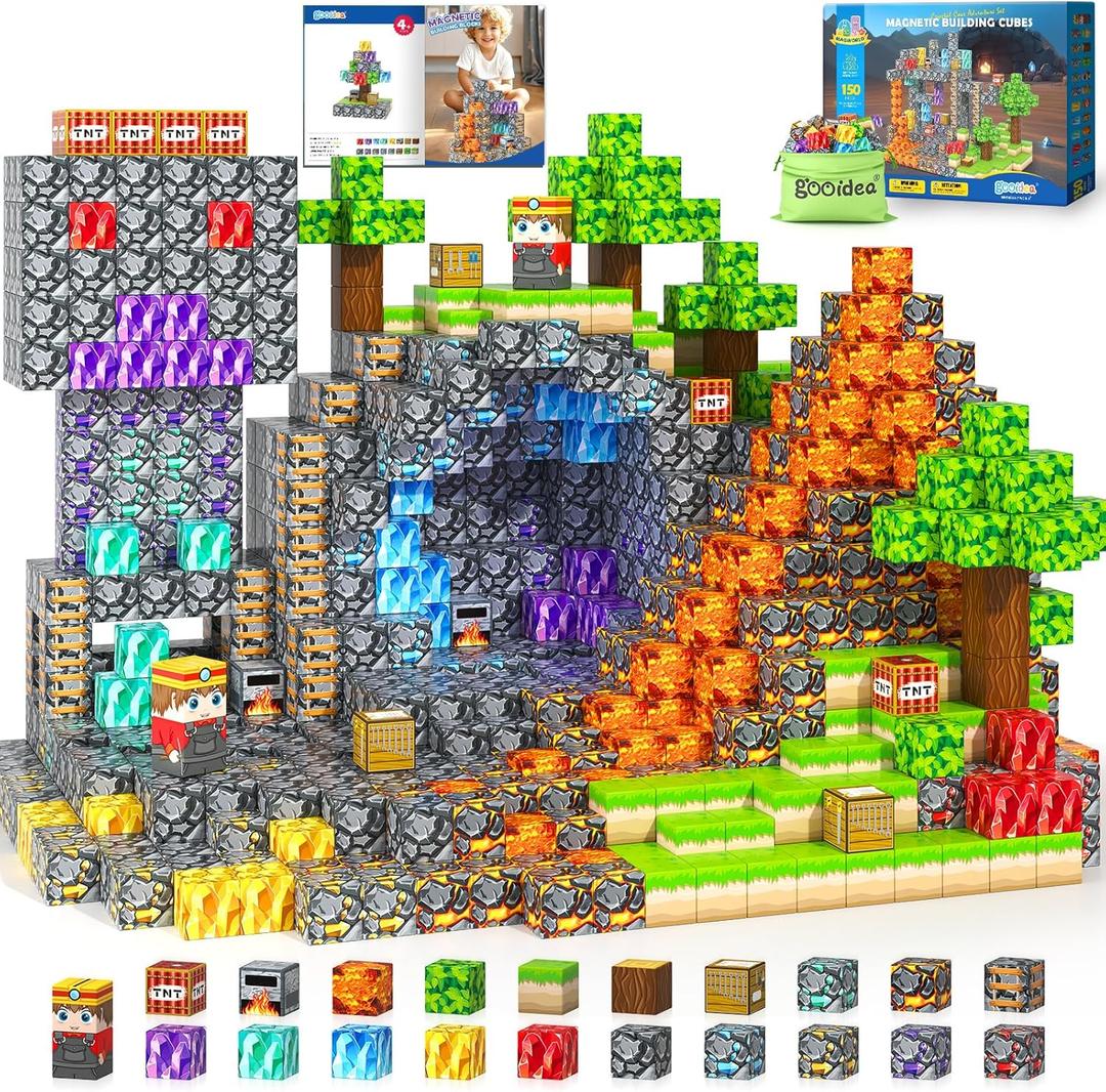 Gooidea Magnetic Blocks -150 Magnetic Building Blocks STEM Toy, Stacking Mine Magnet World Craft Cubes for Kids, Game Gift for Boys Girls Age 3-5 5-7 4-8 8-12