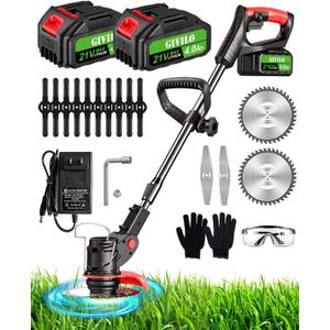 Electric Weed Wacker Cordless, 21V Weed Cordless Eater Battery Powered, Stringless Brush Cutter with 2 4.0Ah Batteries, Weed Wacker Battery Operated