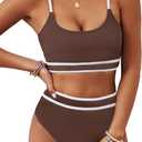 BMJL Women's High Waisted Bikini Ribbed Two Piece Swimsuit High Cut Color Block Adjustable Straps Bathing Suit, (Small Brown029)
