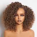 GORGIUS Shaggy Curly Wave Bob Wig Glueless Ready To Go Hd Lace Front Wigs for Women Highlight Brown Fiber Blend Human Hair 200% Density Pre Plucked Pre Cut Side Part 12 Inch