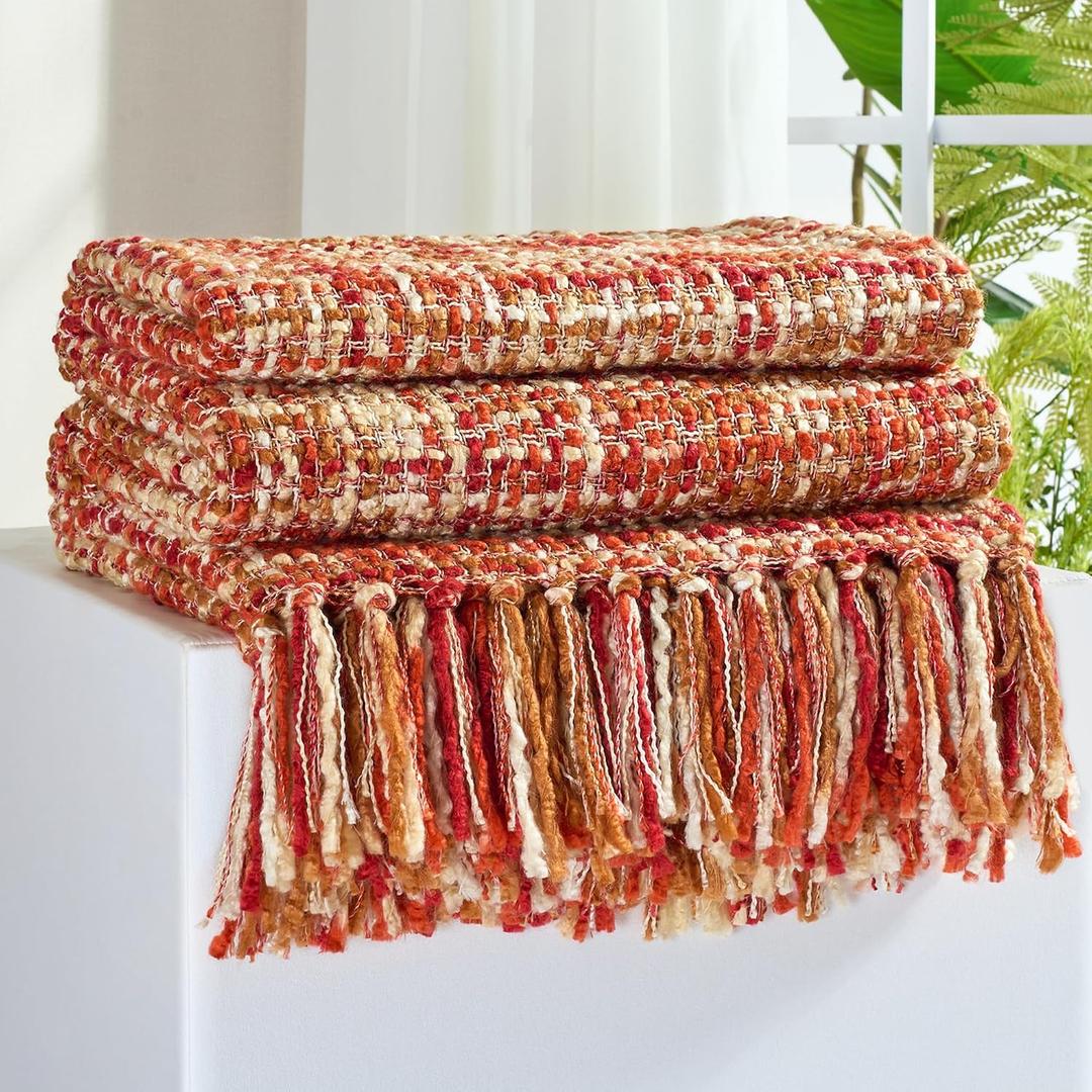 Multi-Color Dark Red Cable Woven Throw Blanket for Couch,50"X60" Boho Style Textured Blankets for Home Decor,Super Soft Warm Cozy Chunky Blanket with Decorative Tassels for Bed