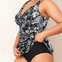 Daci Women Plus Size Tummy Control Tankini with Skirt Two Piece Bathing Suits V Neck Swimsuits Black with White Flower 20 Plus