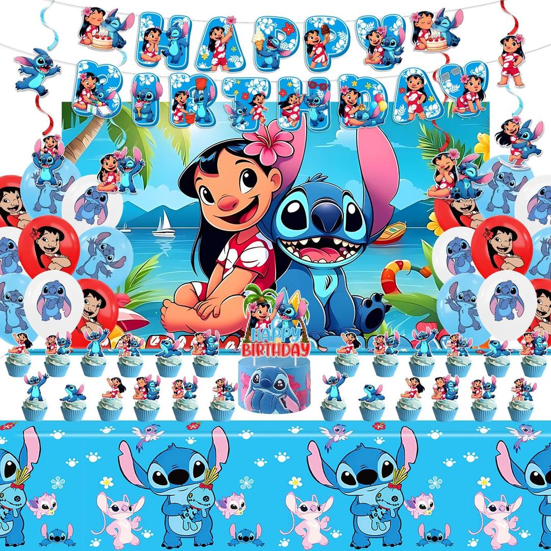Stitch Party Supplies, Birthday Party Decorations Set Include Banner, Backdrop, Balloons, Hanging Swirls, Cake Cupcake Toppers, Tablecloth for Boys Girls Stitch Party Decorations