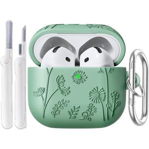 Compatible with Airpods 4 Case, 3D Floral Embossed Soft Silicone Shockproof Protective Cover with Keychain for Airpods 4th Generation Men Women(Cactus Green)
