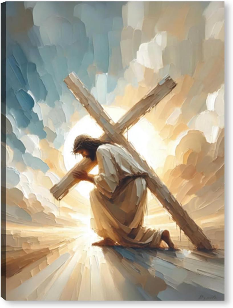 Jesus Cross Canvas Wall Art Print, Christian Poster Wall Decor Painting, Jesus Picture for Wall Church Living Room Bathroom Bedroom 12 * 16 in Framed