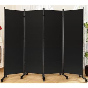 Room Divider 6FT Folding Privacy Screens with Lockable Wheels, 4 Panel Room Partition for Room Separator, 88" W Freestanding Portable Fabric Wall Dividers for Home Dorm Studio Office, Black