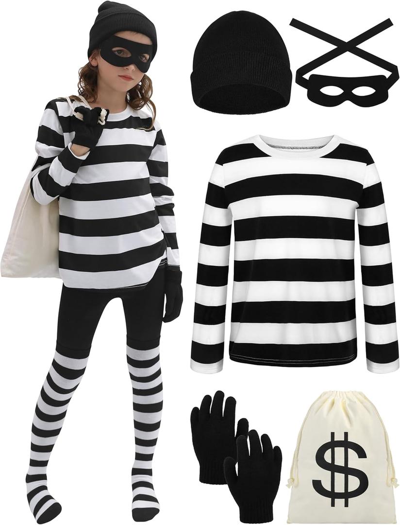 URATOT Kid's Robber Costume Set Black and White Striped Tee Shirt Canvas Bag Gloves Eye Patch and Beanie Cap (10-12 Years)