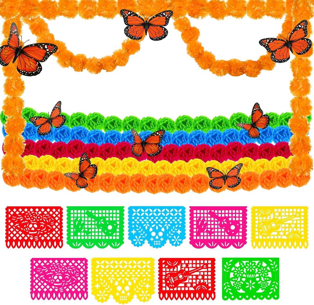 Hanaive 47 Pcs Day of The Dead Decorations Dia De Los Muertos Decor Artificial Marigold Flower Garlands Mexican Party Papel Picado Banner Orange Monarch Butterfly for Indian Diwali Decor(Multicolor)