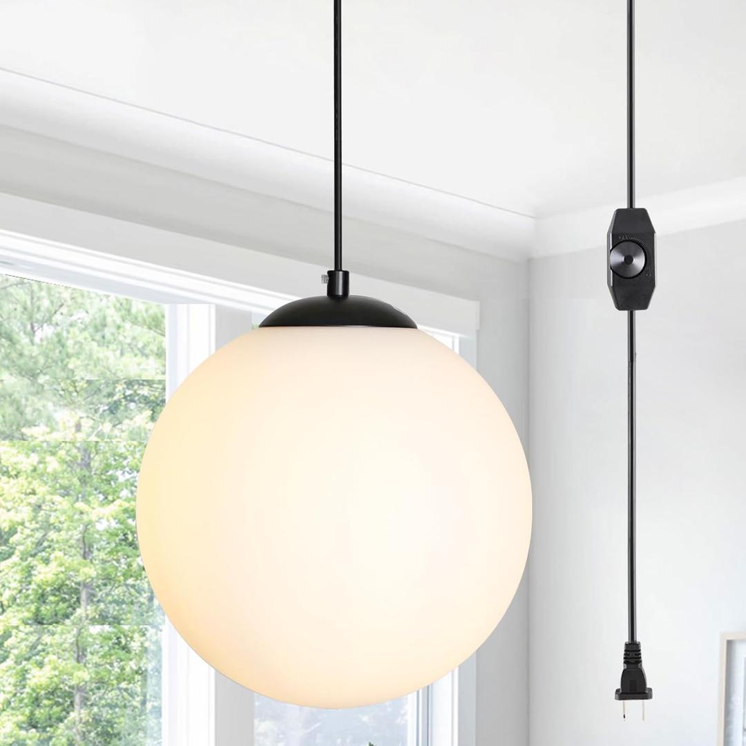 Globe Plug-in Pendant Lights - Black Mid Century Light Fixture with Milk Glass, Modern Ceiling Chandelier, Large Hanging Pendant Light for Kitchen, Bedroom, Living Room, Dinning Room, Hallway