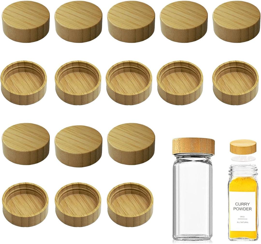 16 Pcs Bamboo Spice Jar Lids Fits Square Containers Seasoning Bottle Sealing Lids Fit Only 4 oz and 8 oz (Bamboo)