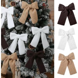 24 Pcs Brown Christmas Bow Tree Ornaments Natural Rustic Faux Fur Bow Ornaments 5 x7 Inch Bows Decorative for Xmas Tree Garland Wreath Decorations(Camel, Brown, White)