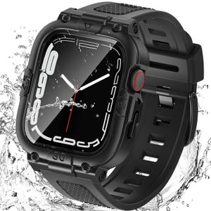 Goton 3 in 1 Waterproof Case with Band for Apple Watch with Built-in Tempered Glass Screen Protector 45mm, 360 Shockproof Bumper Face Cover with Band for Apple Watch Series 9/8/7, 45mm (Black)