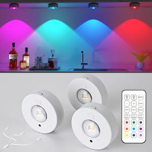 3 Pack Wireless RGB Under Cabinet Lights with Timer Function, Rechargeable Puck Lights with Remote Control, Dimmable Magnetic Stick On Light, LED Touch Tap Light for Kitchen, Cabinets, Closet