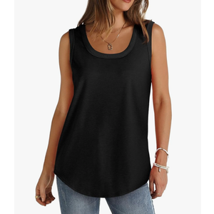 Womens Tank Tops Loose Fit Casual Sleeveless Tops Square Neck T-Shirts Solid Oversized Shirt Curved Hem Clothes, Black, XL