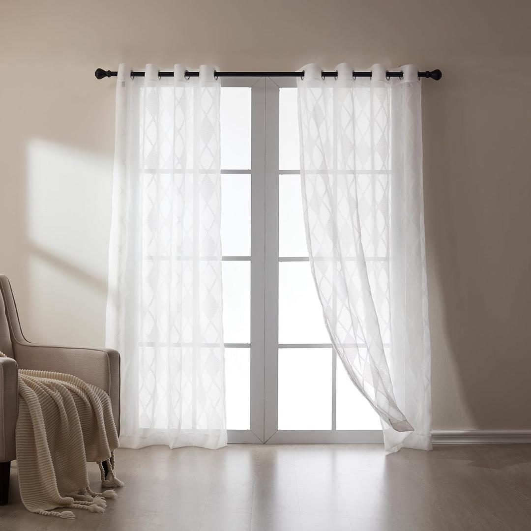 SLEEP ZONE Sheer Curtains 63 Inch Length of 2 Panels for Living Room and Bedroom, White Sheer Curtain Cutwork Embroidered Sheer Curtains, 42" W 63" L, White Lattice